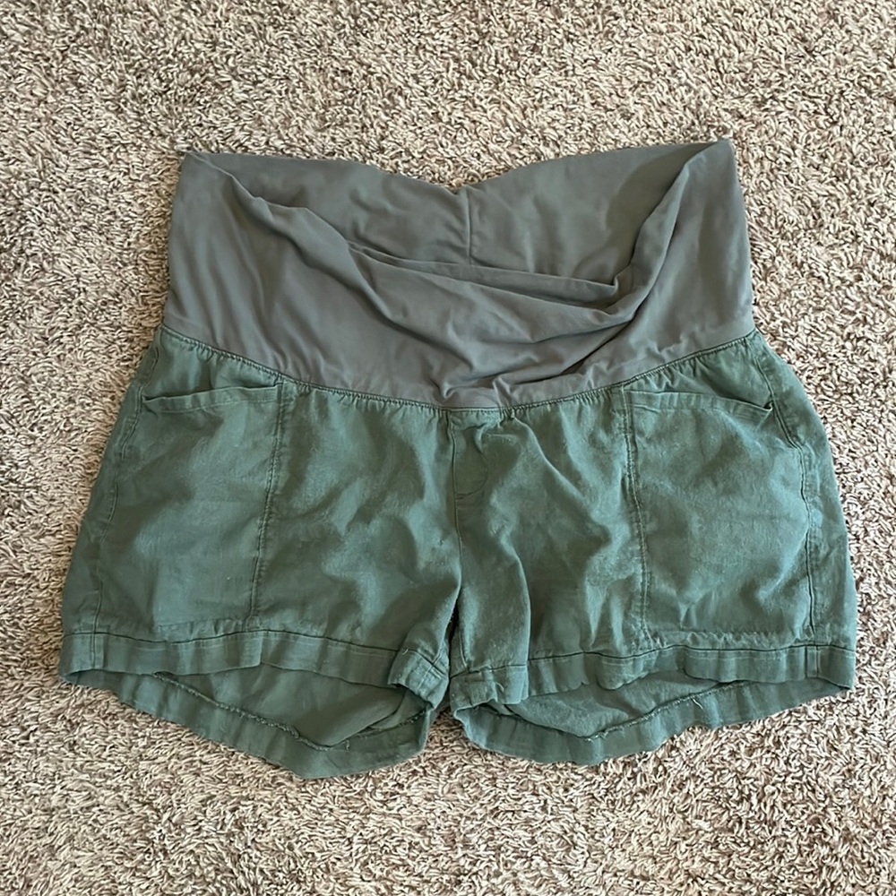 Maternity fold-over waist olive green twill shorts